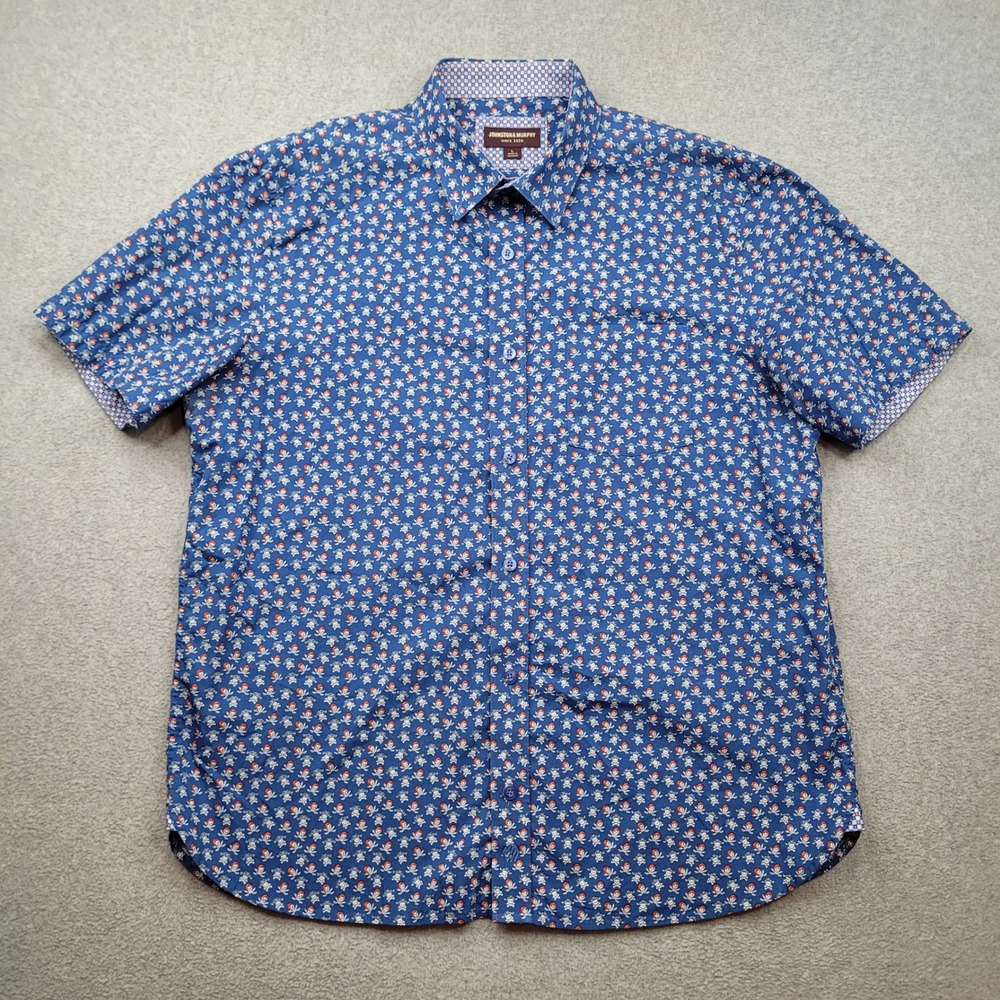 Johnston & Murphy Button Down Shirt Mens Large Blue Pirate Skull Crossbones SS